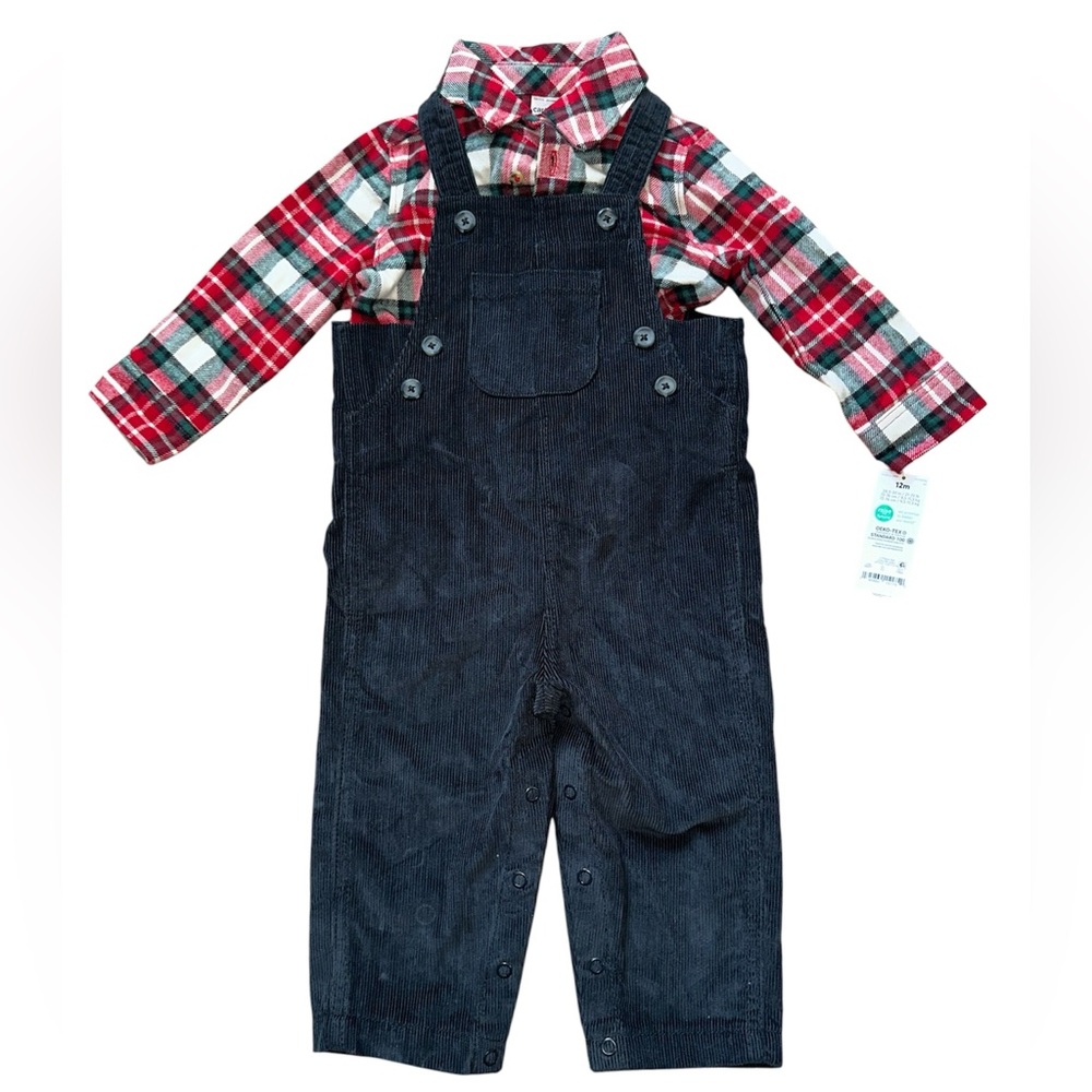 Carter's Red Plaid Flannel Ribbed Corduroy Overall Set Outfit